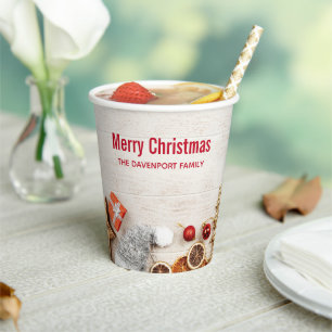 Christmas Themed Items on a Rustic Wooden Board Paper Cups