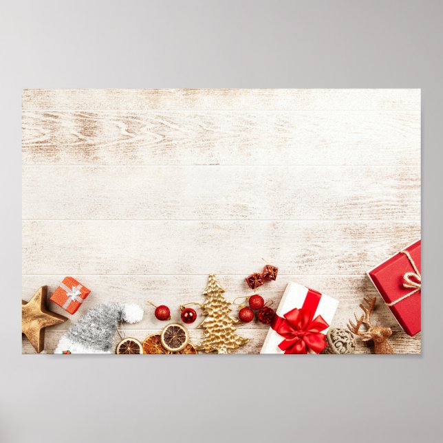 Christmas Themed Items on a Rustic Wooden Board Poster (Front)