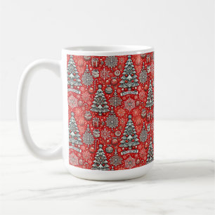 Christmas-Themed Pattern with Trees, Snowflakes Coffee Mug