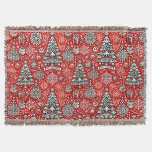 Christmas-Themed Pattern with Trees, Snowflakes Throw Blanket