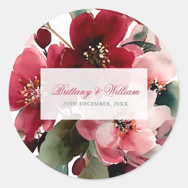  Christmas Themed Red Floral Wedding  Classic Round Sticker (Front)