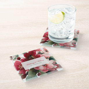  Christmas Themed Red Floral Wedding  Glass Coaster