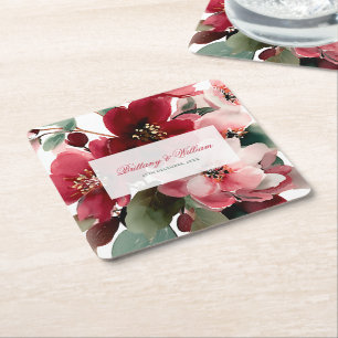  Christmas Themed Red Floral Wedding  Square Paper Coaster