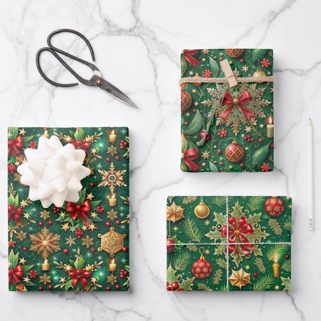 Christmas-themed three festive patterns wrapping paper sheet (Front)