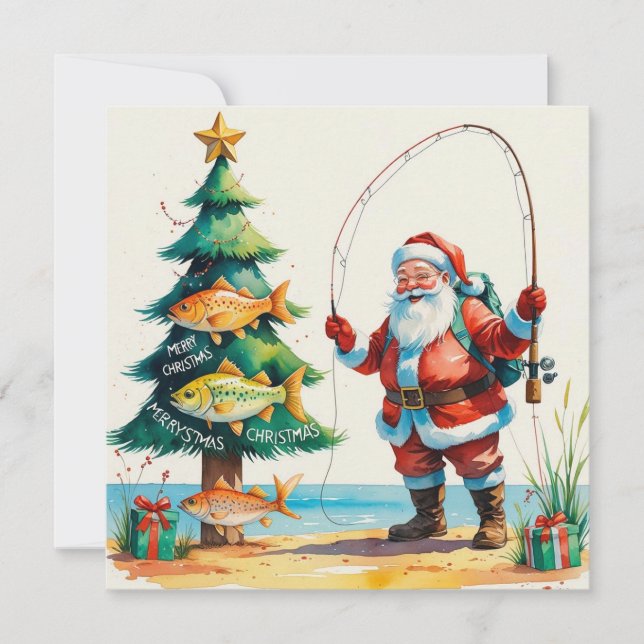 Christmas themed with Santa Claus fishing  Holiday Card (Front)