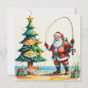 Christmas themed with Santa Claus fishing  Holiday Card