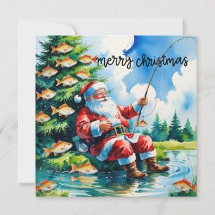 Christmas themed with Santa Claus fishing  Holiday Card