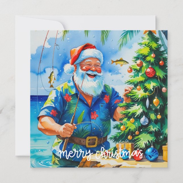 Christmas themed with Santa Claus fishing  Holiday Card (Front)