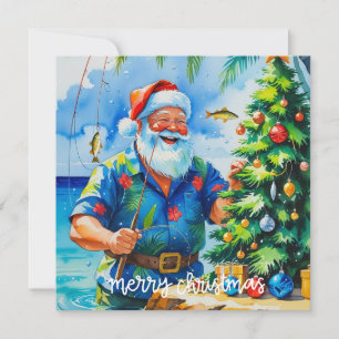 Christmas themed with Santa Claus fishing  Holiday Card