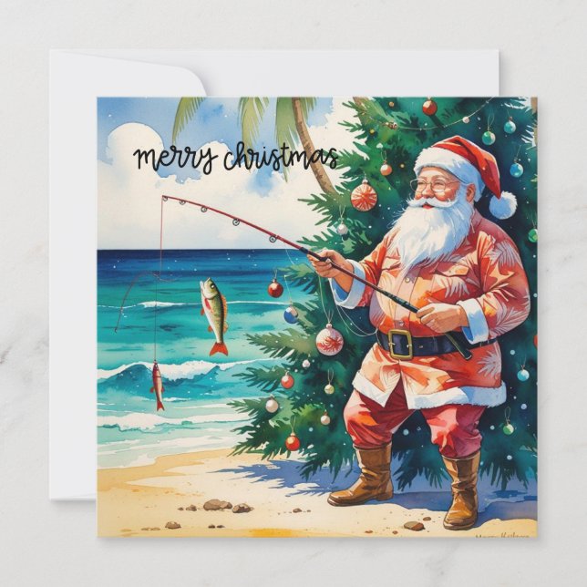 Christmas themed with Santa Claus fishing  Holiday Card (Front)