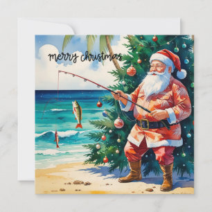 Christmas themed with Santa Claus fishing  Holiday Card