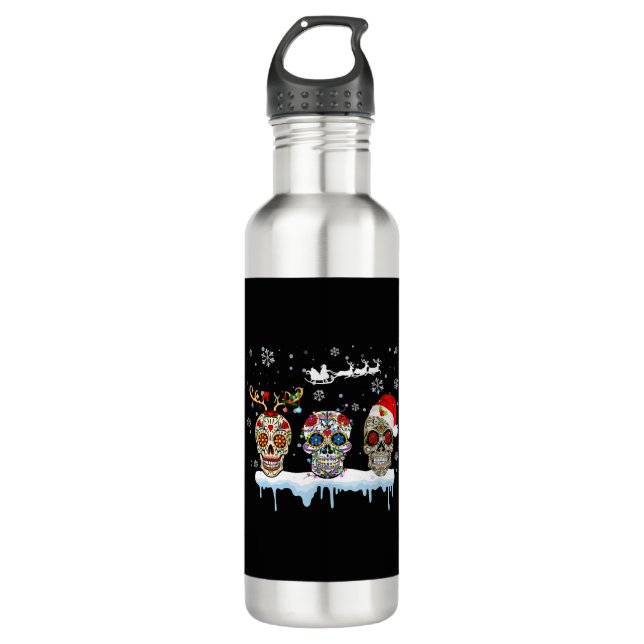 Christmas Three Mexican Flower Sugar Skull In 710 Ml Water Bottle (Front)
