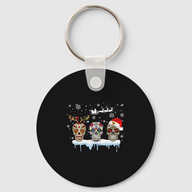 Christmas Three Mexican Flower Sugar Skull In Key Ring (Front)