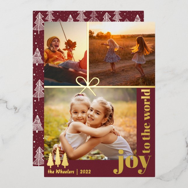Christmas Three Photo Collage | Elegant Modern Foil Holiday Card (Front/Back)