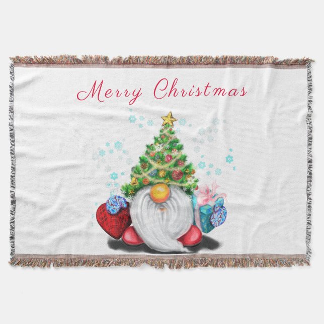 Christmas Throw Blanket Gnome with Gift (Front)
