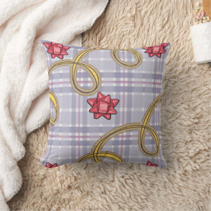 Christmas Throw Pillow, Blue Plaid Red Bow Cushion