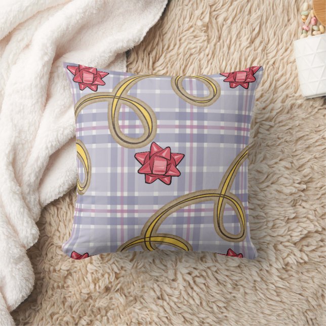 Christmas Throw Pillow, Blue Plaid Red Bow Cushion (Blanket)