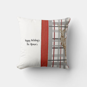 Christmas Throw Pillow, Deer Red Grey Plaid Cushion