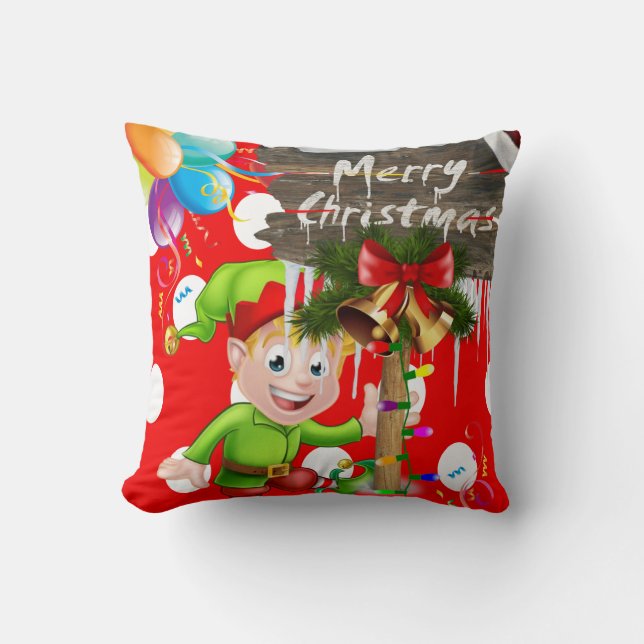 Christmas Throw Pillow, Elf Merry Christmas Cushion (Front)
