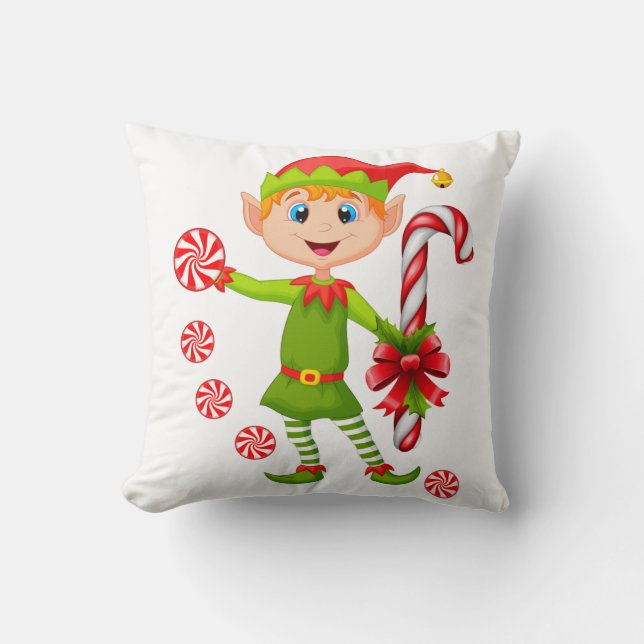 Christmas Throw Pillow, Elf Peppermint Cushion (Front)