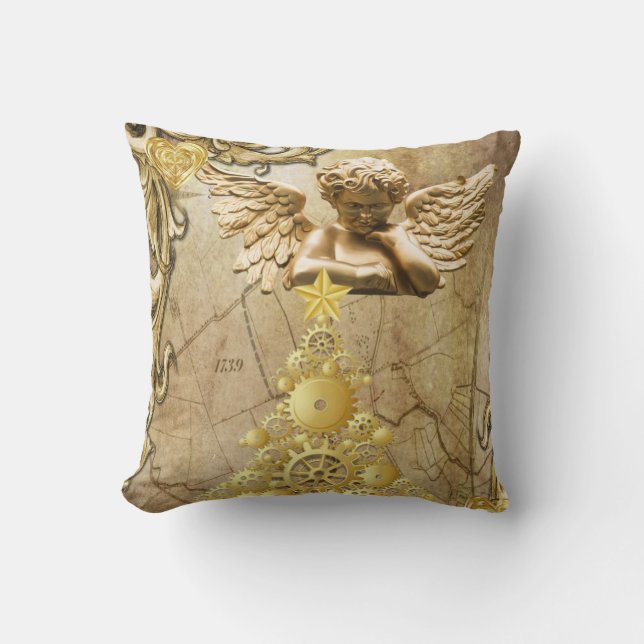 Christmas Throw Pillow, Gold Angel Cushion (Front)