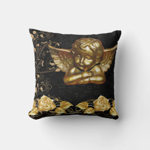 Christmas Throw Pillow, Gold Angel Floral Cushion