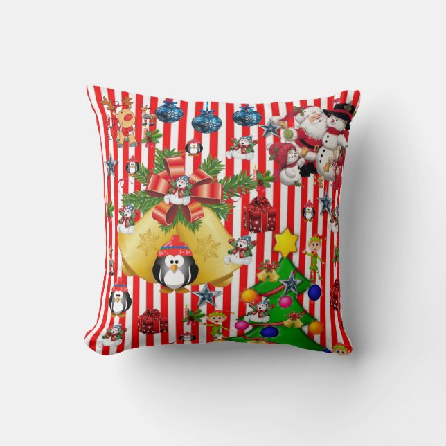 Christmas Throw Pillow, Penguin Stripe Snowman Cushion (Front)