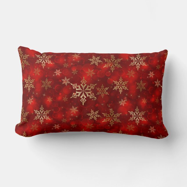 Christmas Throw Pillow-Red & Gold Snowflakes Lumbar Cushion (Front)