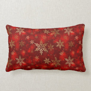 Christmas Throw Pillow-Red & Gold Snowflakes Lumbar Cushion