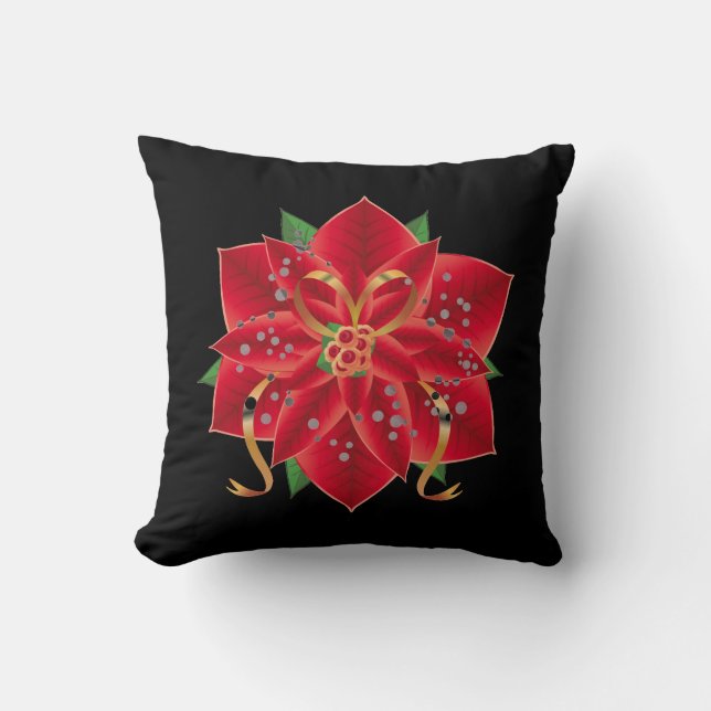 Christmas Throw Pillow-Red Poinsettia Cushion (Front)