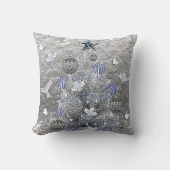 Christmas Throw Pillow, Silver Tree Cushion (Front)