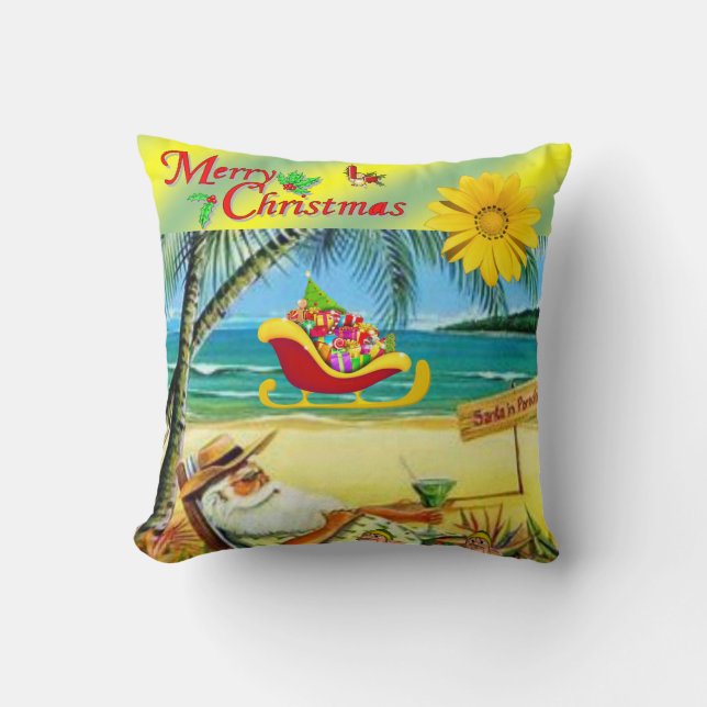 Christmas Throw Pillow, Summer Beach Bum Santa Cushion (Front)