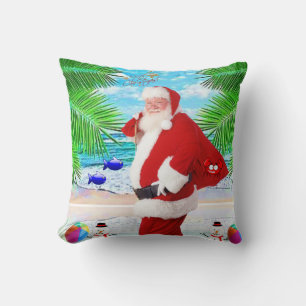 Christmas Throw Pillow, Summer Beach Bum Santa Cushion