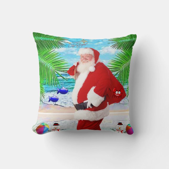 Christmas Throw Pillow, Summer Beach Bum Santa Cushion (Front)