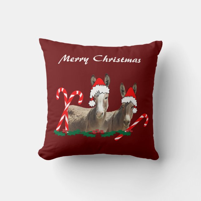 Christmas throw pillow, wildlife, donkeys cushion (Front)