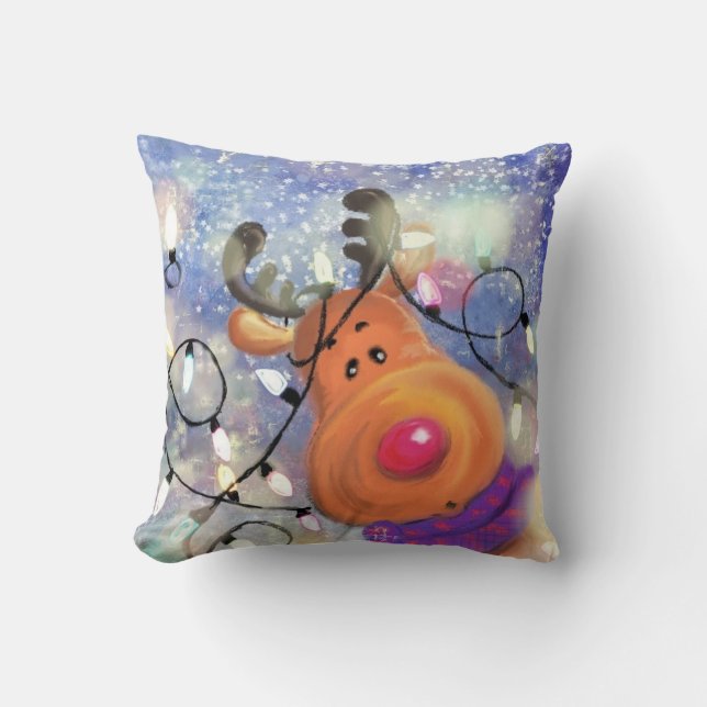 Christmas Throw Pillow with Happy Reindeer (Front)