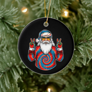 Christmas Tie Dye Santa Peace Sign Sunglasses Xmas Ceramic Ornament