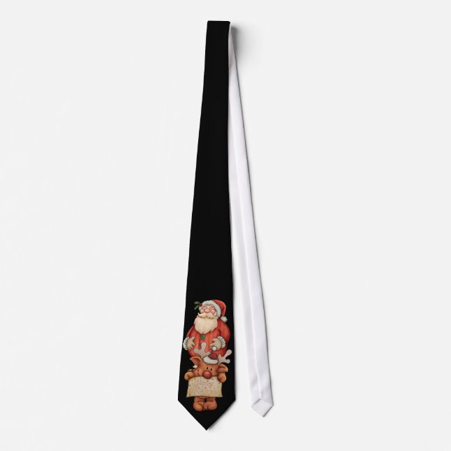 Christmas Tie With Santa And Cute Reindeer Merry (Front)