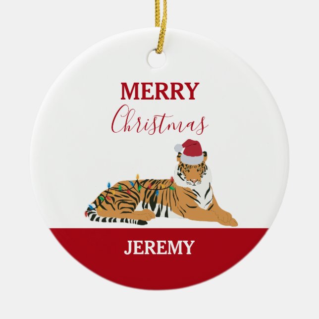 Christmas Tiger Funny Animal with Santa Hat Card Ceramic Ornament (Front)
