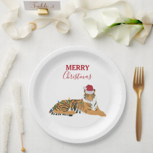 Christmas Tiger Funny Animal with Santa Hat Card Paper Plate