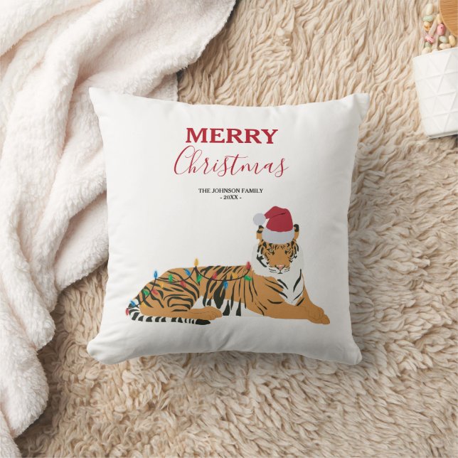 Christmas Tiger Funny Animal with Santa Hat  Cushion (Blanket)