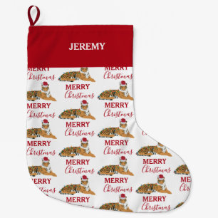 Christmas Tiger Funny Animal with Santa Hat  Large Christmas Stocking