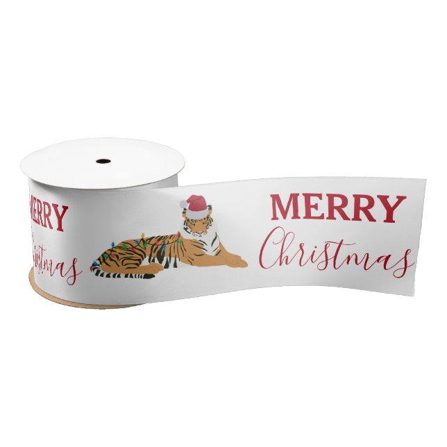Christmas Tiger Funny Animal with Santa Hat  Satin Ribbon (Spool)
