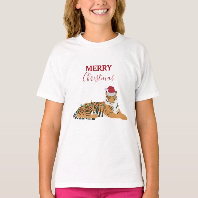 Christmas Tiger Funny Animals with Santa Hat  T-Shirt (Front)