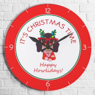 Christmas Time Cute Funny Dog Holiday Home Decor Large Clock