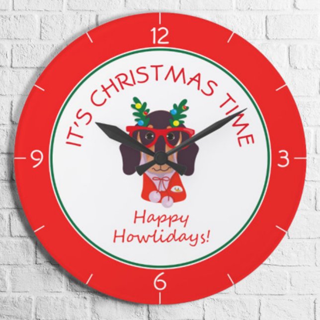 Christmas Time Cute Funny Dog Holiday Home Decor Large Clock (Creator Uploaded)