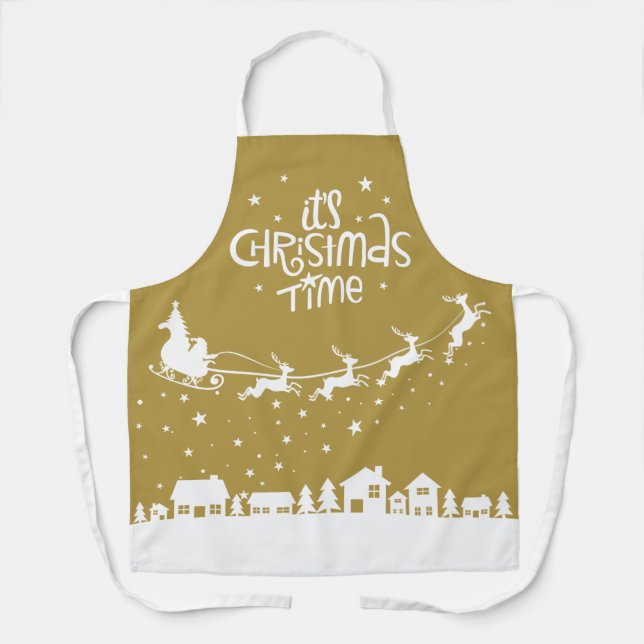 Christmas time festive gold holiday santa reindeer apron (Front)