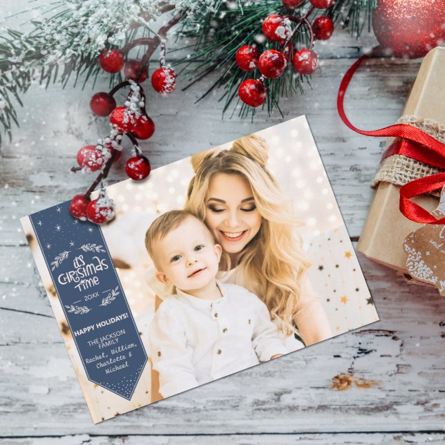 Christmas Time indigo blue happy Holidays photo Holiday Card (Creator Uploaded)