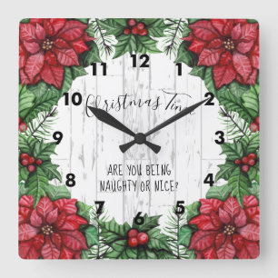 Christmas Time Poinsettia and Holly Berries Square Wall Clock