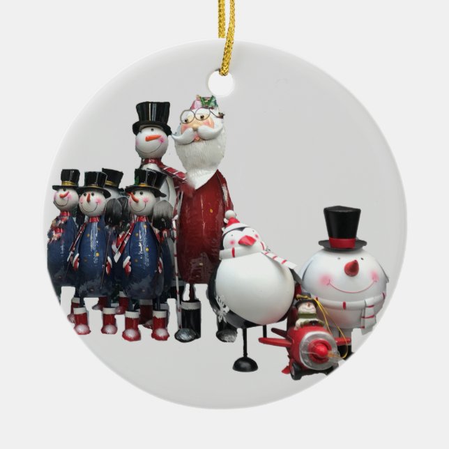 Christmas Tin Choir, with Santa, Snowman, Penguin Ceramic Ornament (Front)